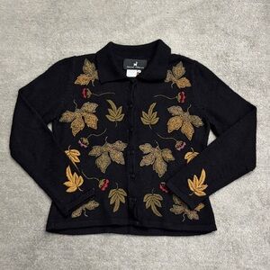 Peruvian Connection Embroidered Leaves Baby Alpaca Button Up Sweater Cardigan